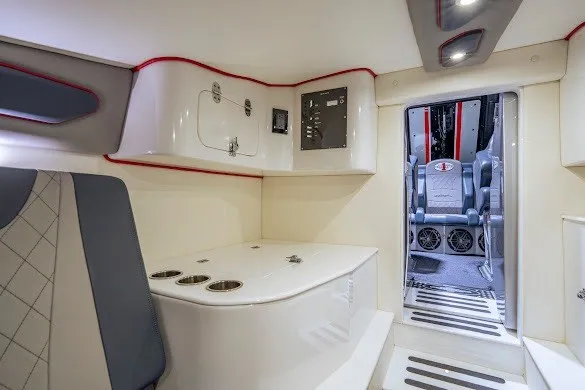Slide: The Image of Interior of 2018 Cigarette 42X boat, featuring sleek seating and modern design elements. - 35
