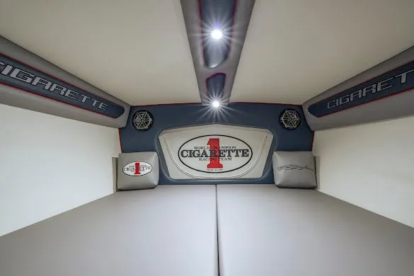 Slide: The Image of Interior cabin of 2018 Cigarette 42X boat with branded cushions and lighting. - 37