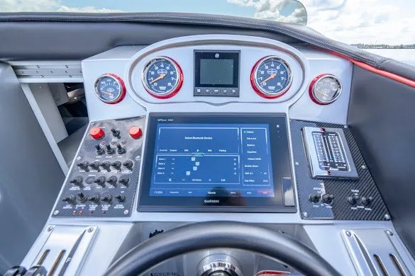 Slide: The Image of Cockpit of 2018 Cigarette 42X boat with advanced navigation and control systems. - 23