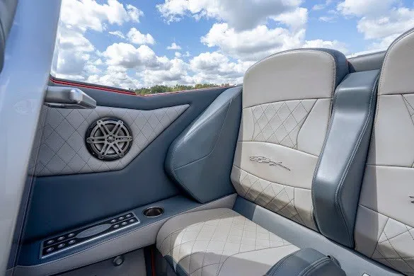 Slide: The Image of Luxurious interior of a 2018 Cigarette 42X boat with quilted leather seats. - 30