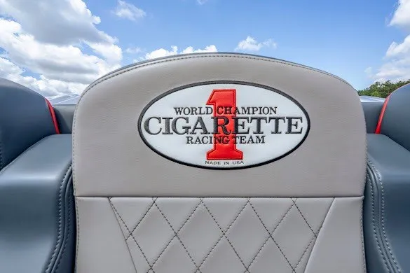 Slide: The Image of 2018 Cigarette 42X boat seat with "World Champion Cigarette Racing Team" logo. - 31