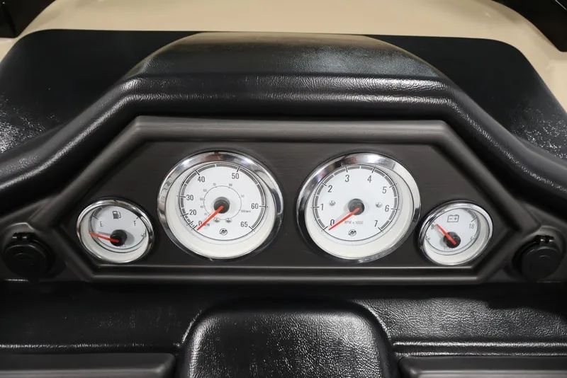 Slide: The Image of Dashboard gauges of 2027 Bentley Pontoons 200 CRUISE XL, featuring speedometer and fuel indicators. - 23
