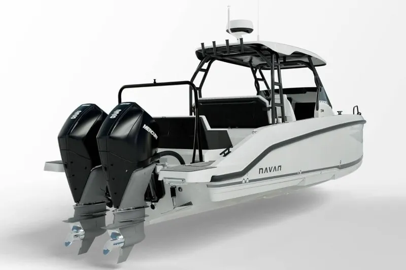 Slide: The Image of Manufacturer Provided Image: 2026 Navan T30 boat with dual Mercury outboard engines, sleek design, and modern features. - 3