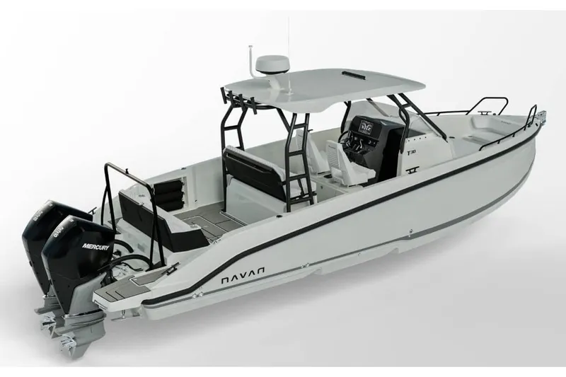 Slide: The Image of Manufacturer Provided Image: 2026 Navan T30 boat with dual Mercury engines, sleek design, and modern features. - 1