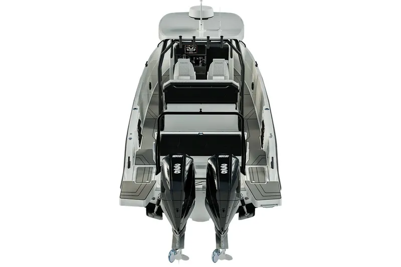 Slide: The Image of Manufacturer Provided Image: 2026 Navan T30 boat with dual Mercury outboard engines, rear view. - 4