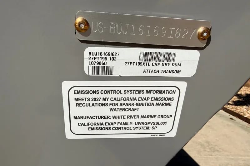 Slide: The Image of 2027 Tracker Pro Team 195 emissions control label, meets California regulations for marine watercraft. - 17