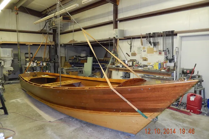 Slide: The Image of Homemade Jetdrive Skiff 2015 in workshop, wooden boat construction in progress. - 32