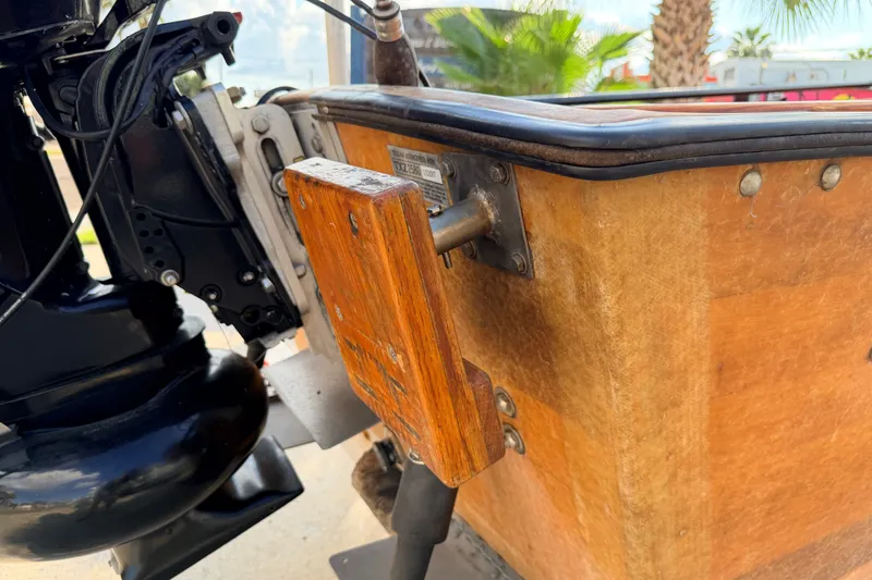 Slide: The Image of Close-up of a 2015 Homemade Jetdrive Skiff's wooden transom and motor mount. - 22