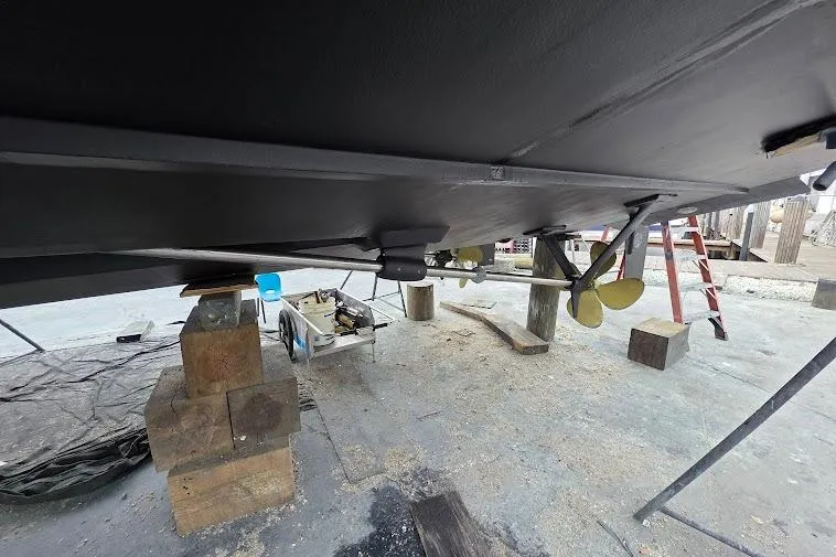 Slide: The Image of Underneath view of 1993 McKinna 48 Pilothouse boat on dry dock. - 109