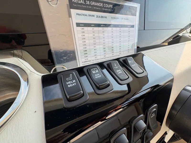 Slide: The Image of Close-up of the control panel on a 2024 Regal 38 Grande Coupe with various switches. - 21