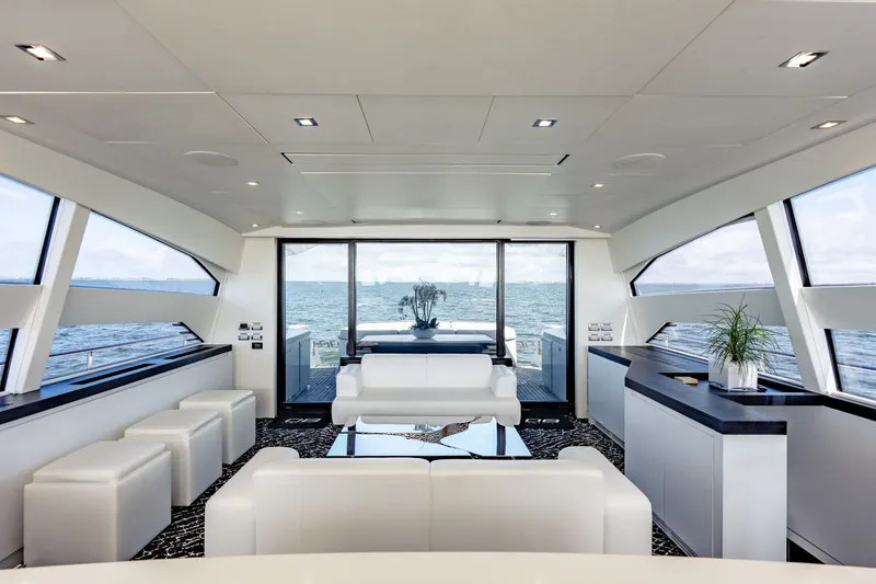 Slide: The Image of Luxurious interior of 2010 Pershing 80 yacht with ocean view, modern seating, and sleek design. - 35