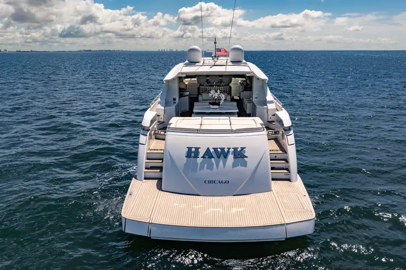 Slide: The Image of Luxury Pershing 80 yacht "Hawk" on open sea, 2010 model, rear view. - 17