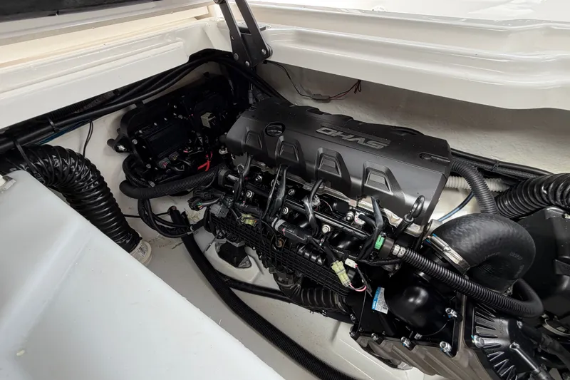 Slide: The Image of Engine compartment of 2025 Yamaha Boats 275SD, showcasing advanced mechanical components. - 38