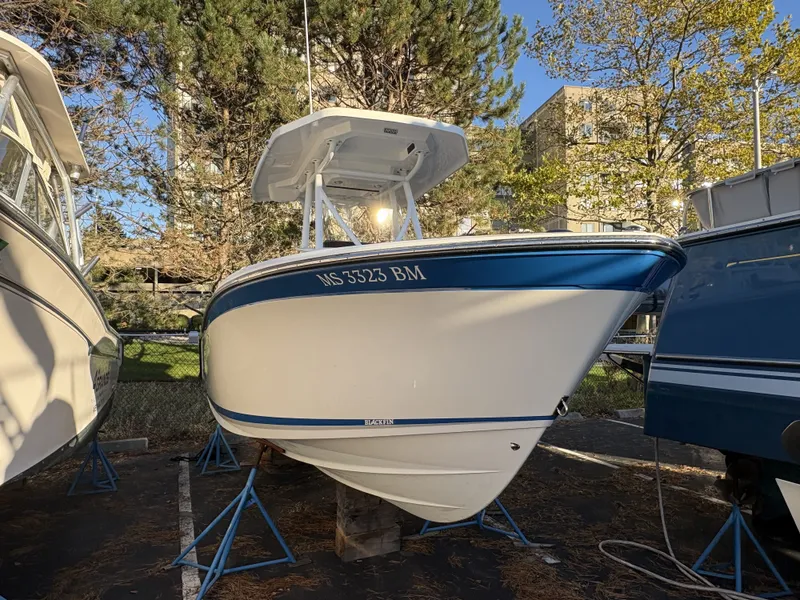 Slide: The Image of A 2019 Blackfin 212 CC boat is on stands in a parking lot, surrounded by trees. - 5