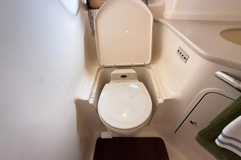 Slide: The Image of Bathroom interior of 2002 Sea Ray Sundancer 460 yacht, featuring a compact toilet. - 73