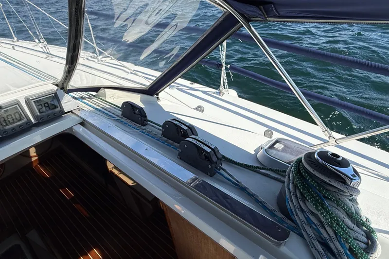 Slide: The Image of Cockpit view of a 1994 J Boats J/120 sailboat with navigation instruments. - 56