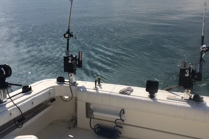 Slide: The Image of 1998 Sea Ray 370 Express Cruiser with fishing rods on calm water. - 9