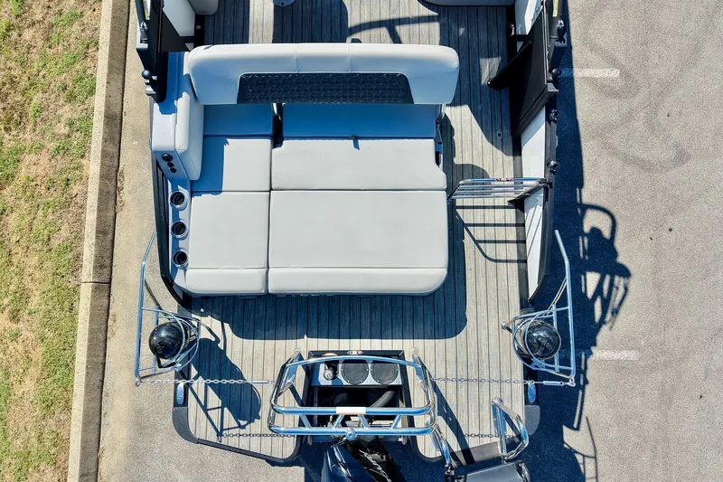 Slide: The Image of Top view of 2025 Harris Solstice 230 boat interior with spacious seating and modern design. - 48