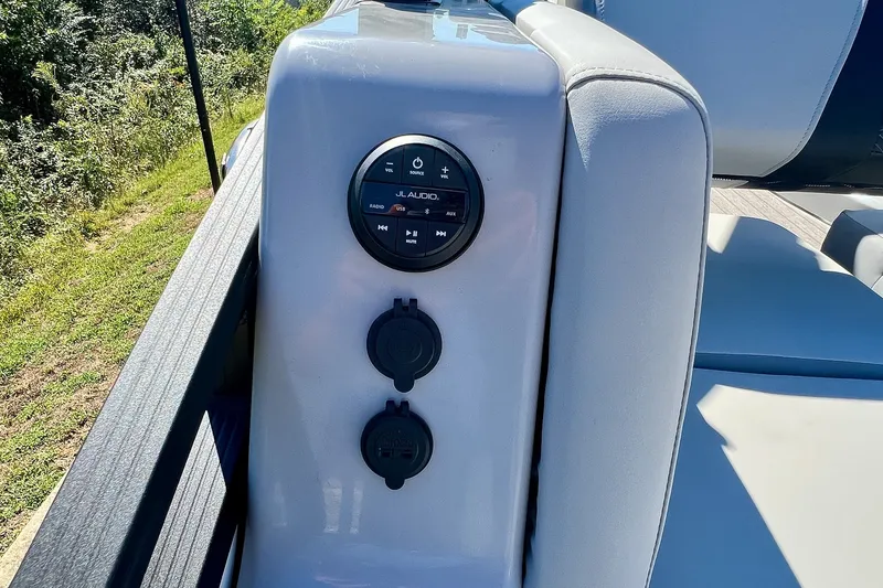Slide: The Image of 2025 Harris Solstice 230 boat audio controls with JL Audio system. - 53