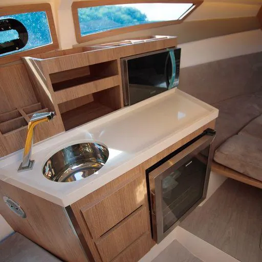Slide: The Image of Manufacturer Provided Image: Interior of 2023 NX Boats 340 Sport Coupe with kitchenette and seating area. - 22