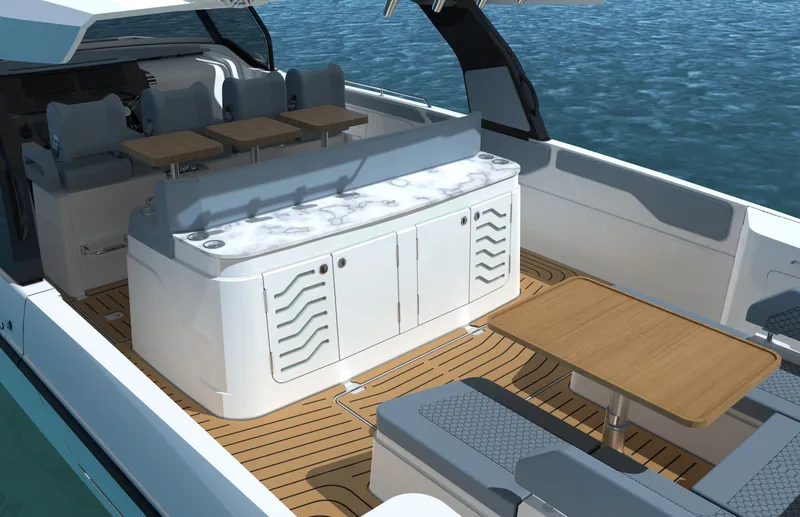 Slide: The Image of The 2027 Cruisers Yachts 45 VTR features a sleek deck with modern seating and tables. - 33