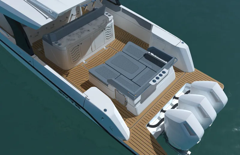 Slide: The Image of The 2027 Cruisers Yachts 45 VTR features a sleek design with three powerful outboard engines. - 13