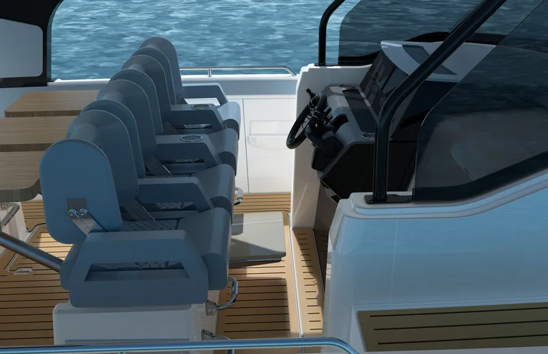 Slide: The Image of The image shows the cockpit of a 2027 Cruisers Yachts 45 VTR with blue seats and a modern helm. - 23