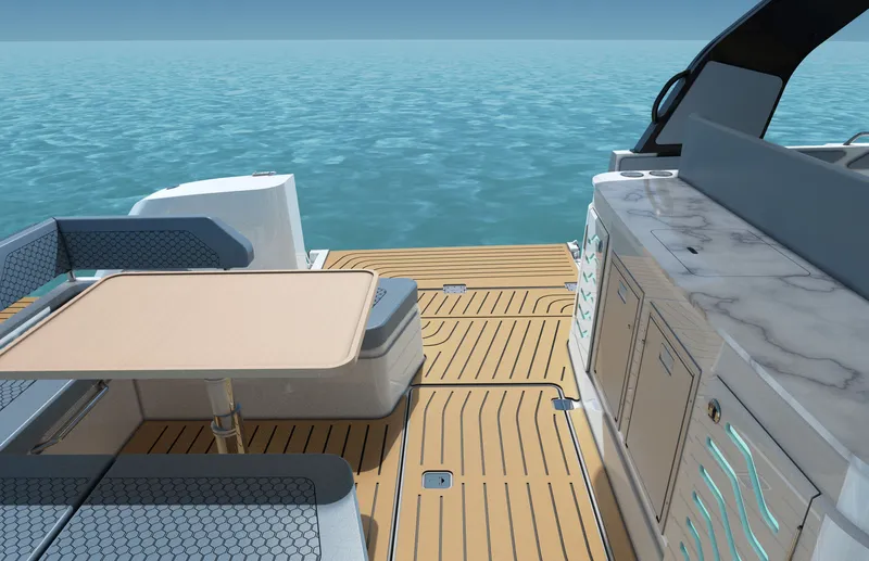 Slide: The Image of The image shows the deck of a 2027 Cruisers Yachts 45 VTR with a modern design. - 15