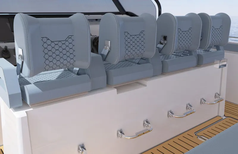Slide: The Image of Modern seats with hexagonal pattern on a yacht, with storage compartments below. - 21