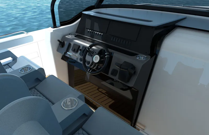 Slide: The Image of The cockpit of the 2027 Cruisers Yachts 45 VTR features a modern steering wheel and dashboard. - 24