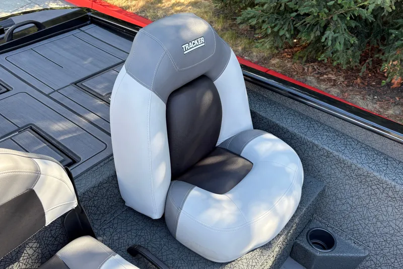 Slide: The Image of Gray and white seat on 2027 Tracker Savage 215 boat deck. - 22