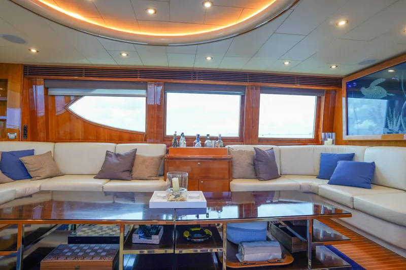 Slide: The Image of Luxurious interior of 2001 Monte Fino 82MY yacht with elegant seating and decor. - 21