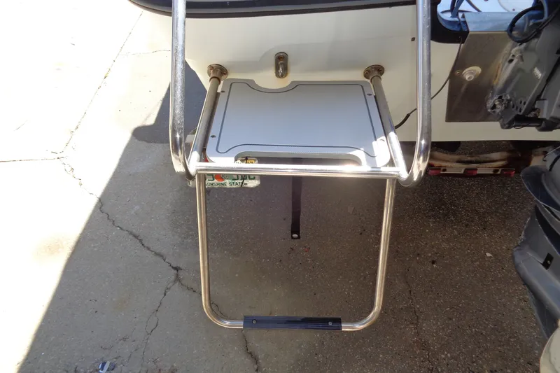 Slide: The Image of 2004 Triumph 190 Bay boat ladder and platform, stainless steel construction, outdoor setting. - 10