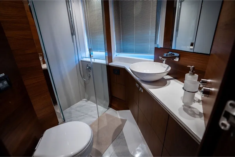 Slide: The Image of Luxurious bathroom in 2021 Princess S66 yacht with modern fixtures and elegant design. - 31