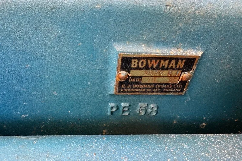 Slide: The Image of Blue engine part with Bowman label on Gulfstar 43 Trawler, 1975 model. - 103