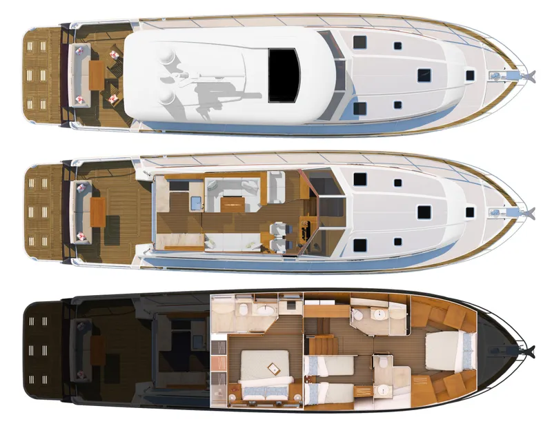 Slide: The Image of 2026 Sabre 58 Salon Express yacht floor plan, showcasing three levels with detailed interior layout. - 37