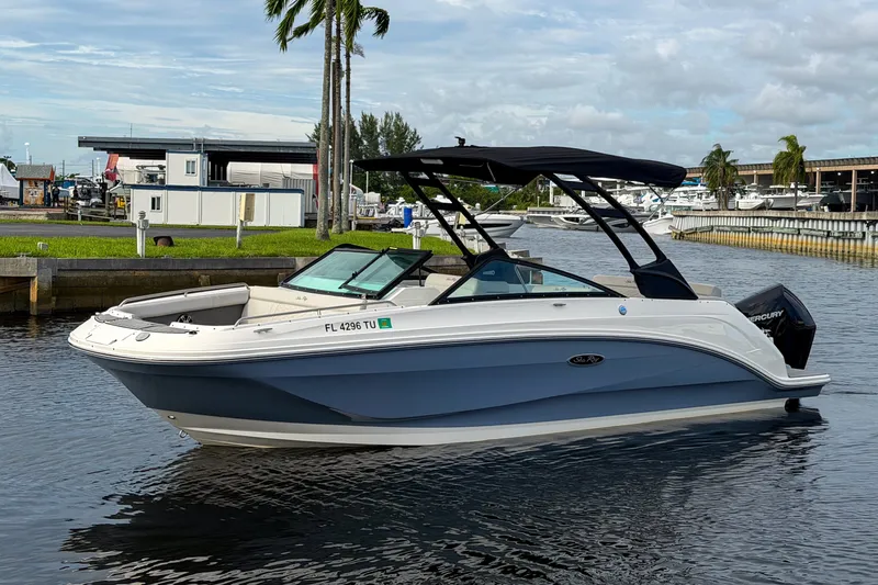Slide: The Image of 2024 Sea Ray SDX 250 boat docked in a marina with palm trees. - 3