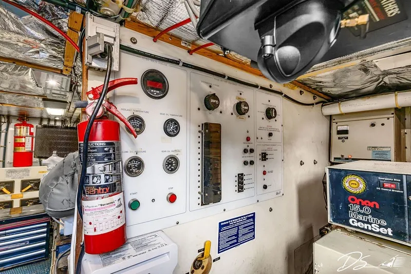 Slide: The Image of Engine room of 1993 Tollycraft 57 Pilothouse Motor Yacht with control panel and fire extinguisher. - 43