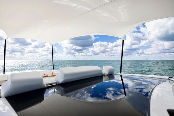 Slide: The Image of Luxurious 2025 Tiara Yachts 56 LS with ocean view and sleek design under canopy. - 13