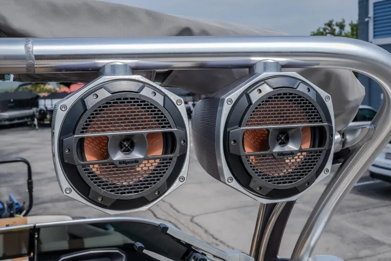 Slide: The Image of 2021 MasterCraft X24 boat with Klipsch speakers mounted on a metal frame. - 20