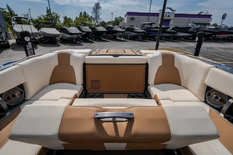 Slide: The Image of Interior of 2021 MasterCraft X24 boat with luxurious seating and modern design. - 43