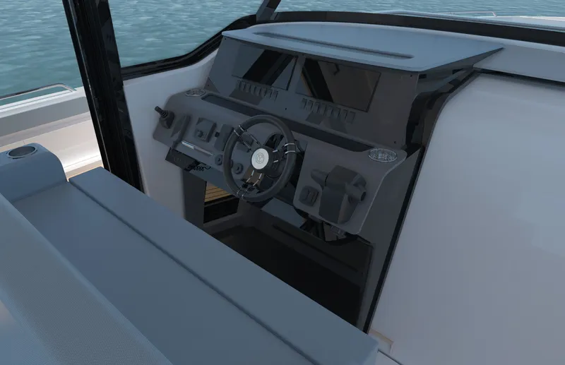 Slide: The Image of The image shows the cockpit of a 2027 Cruisers Yachts 45 VTR EC with a modern helm. - 14
