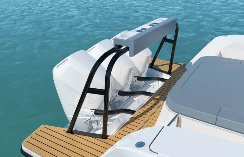 Slide: The Image of The image shows the stern of a Cruisers Yachts 45 VTR EC with twin outboard engines and a sleek deck. - 15