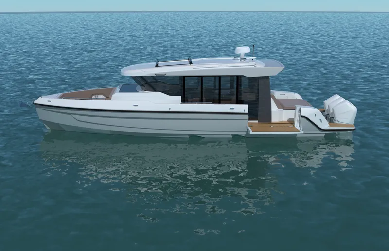 Slide: The Image of A modern motor yacht with an enclosed cabin and twin outboard engines on calm water. - 6
