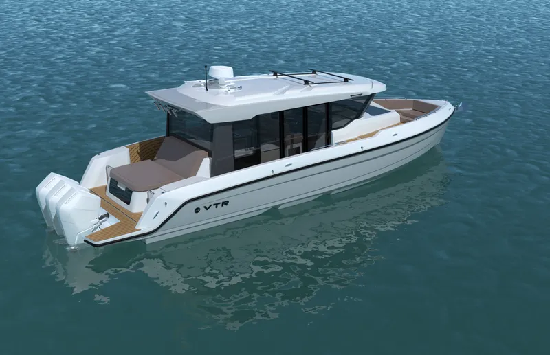 Slide: The Image of A modern yacht with an enclosed cabin and twin outboard engines on calm water. - 4