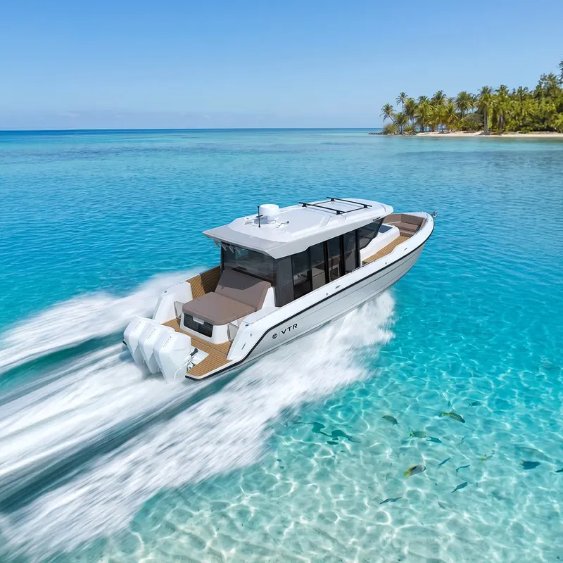 Slide: The Image of A modern motorboat speeds across turquoise water, with a tropical island in the background. - 1