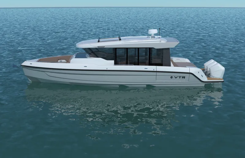 Slide: The Image of A modern yacht with sleek design, large windows, and outboard engines on calm water. - 5