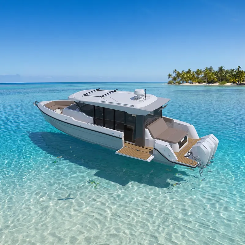 Slide: The Image of A luxurious motor yacht with a modern design, floating in clear turquoise water near a tropical island. - 9