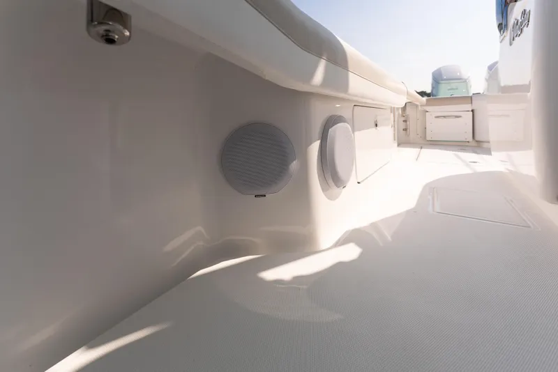 Slide: The Image of 2025 Mag Bay 43 CC boat interior with built-in speakers. - 26