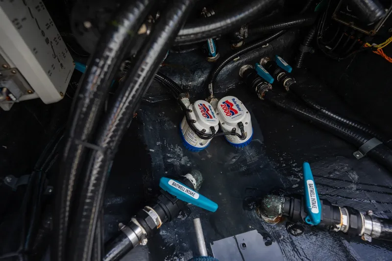 Slide: The Image of Bilge area of 2021 Yellowfin 36 Offshore boat with pumps and wiring. - 36